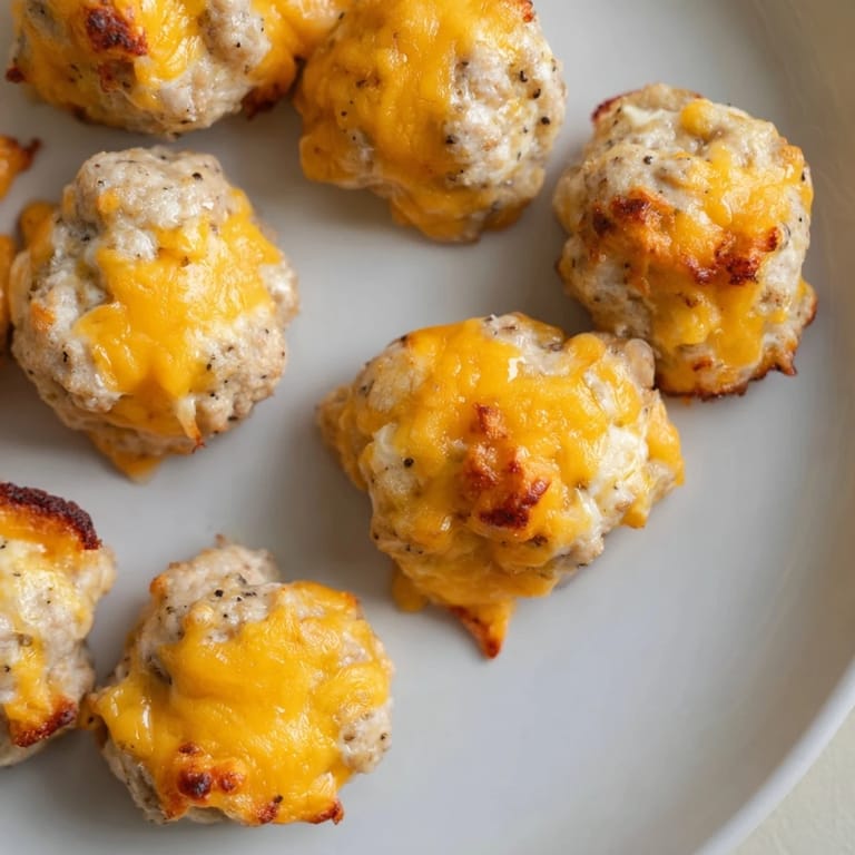 Close-up of freshly baked Chicken and Sausage Bisquick Balls, showcasing the melted cheese and savory aroma.
