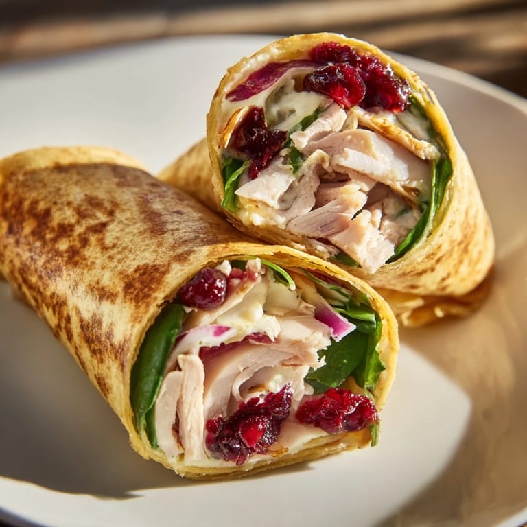 Close-up of a delicious Chicken and Brie Holiday Wrap, showcasing layers of chicken and spinach.