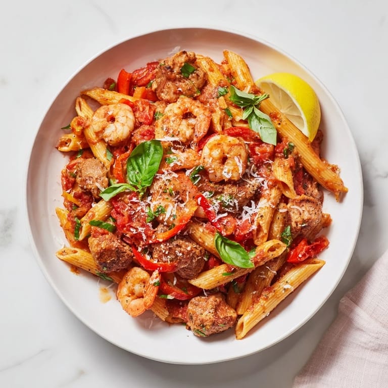 Delicious One-Pot Diavola Pasta ready to serve, showcasing the shrimp and chicken in the pasta dish.