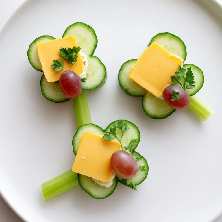 A colorful platter displays a delightful Lucky Four-Leaf Clover Snack, fresh with cheese and green grapes.