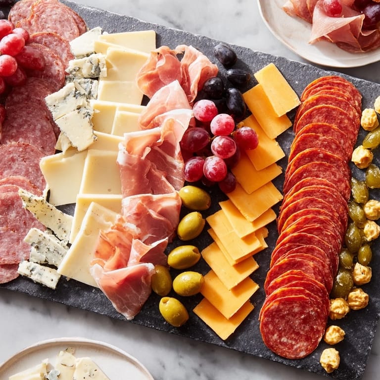 Enjoy this stunning Industrial Slate platter featuring an array of flavorful meats, cheeses and garnishes.