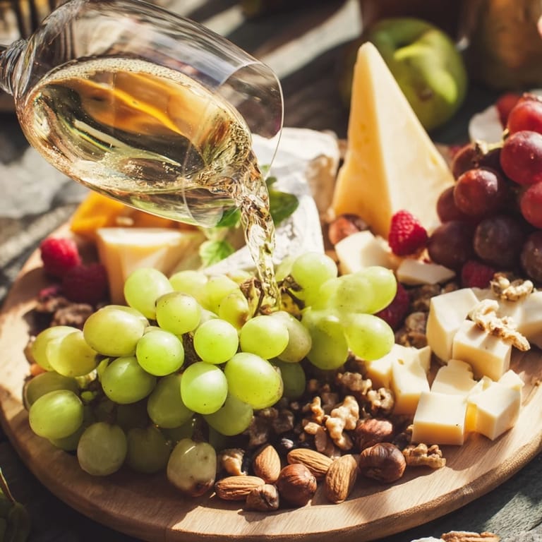 A close-up of a festive Champagne Waterfall Board with vibrant fruit and savory cheeses ready to be enjoyed.
