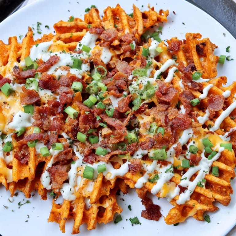 A close-up of a platter overflowing with Loaded Sweet Potato Fries, drizzled with ranch and green onions.