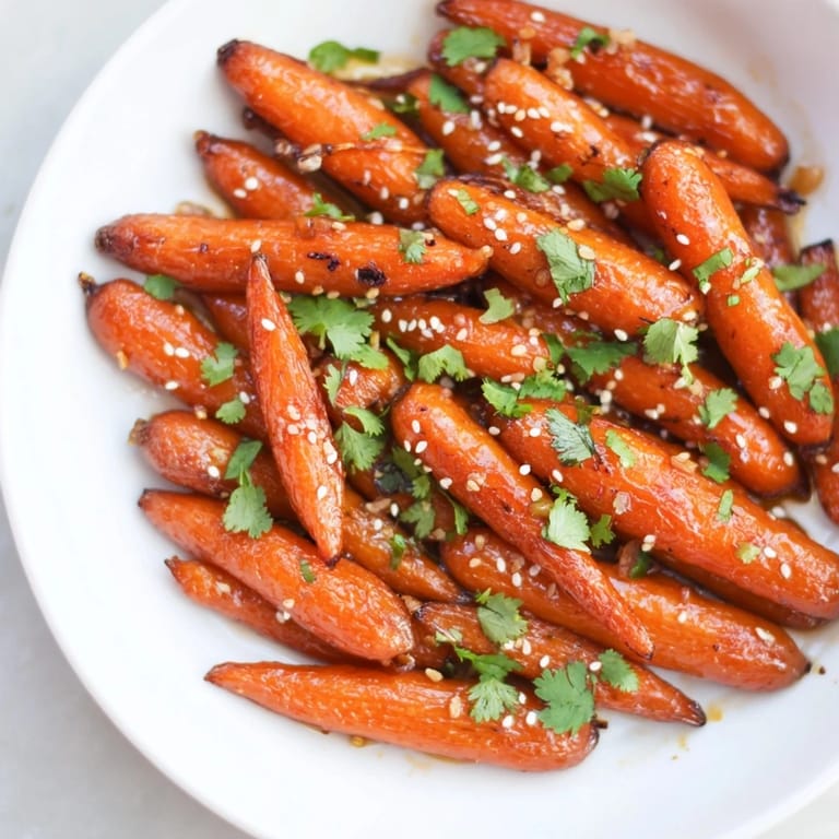 Vibrant orange Honey Soy Roasted Carrots, caramelized and seasoned, a perfect vegetarian dish.