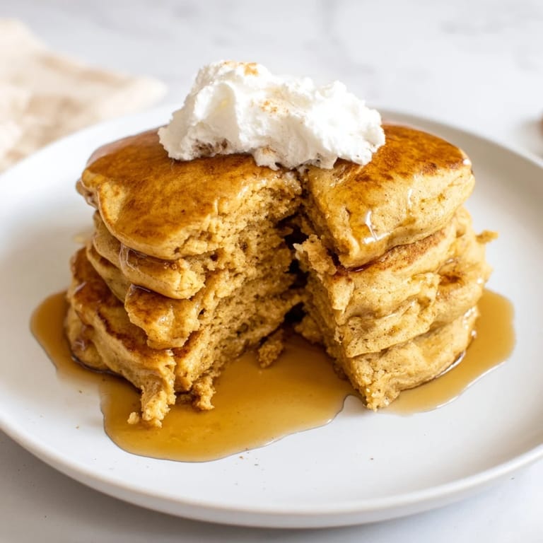 These delicious, thick pumpkin spice pancakes are light and airy, cooked to a perfect golden hue.