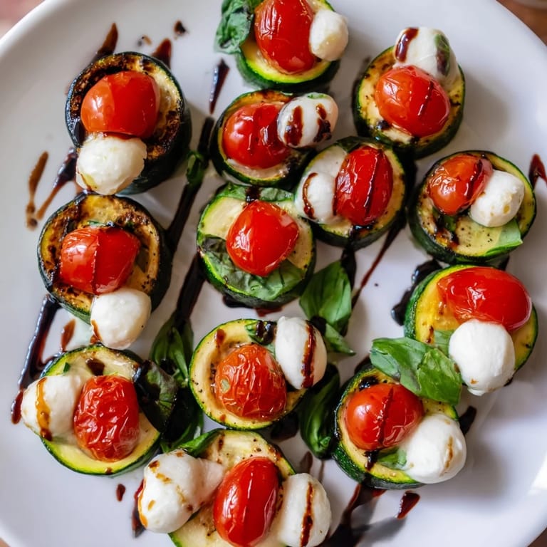 Savory baked zucchini rounds, topped with mozzarella and tomatoes, makes delicious Zucchini Caprese Bites.