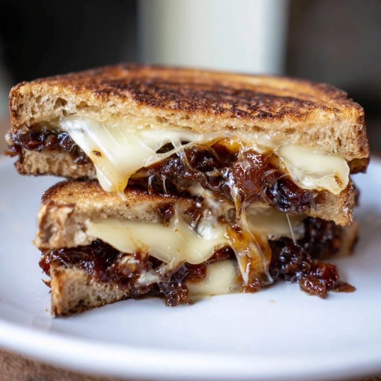 Looking at a close-up of the delicious textures in a bacon jam grilled cheese, ready to enjoy.