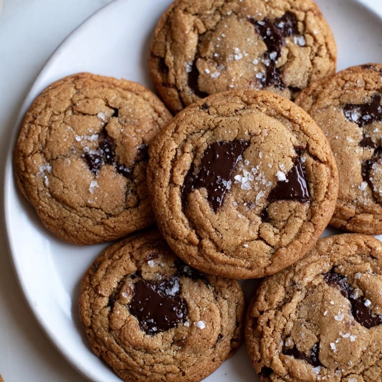 A stack of tempting Miso Brown Butter Cookies, with dark chocolate chunks and sprinkled sea salt.