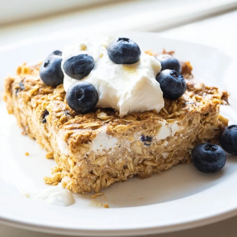 Warm, homemade Protein Pancake Oats with blueberries, a satisfying and delicious baked oat recipe.