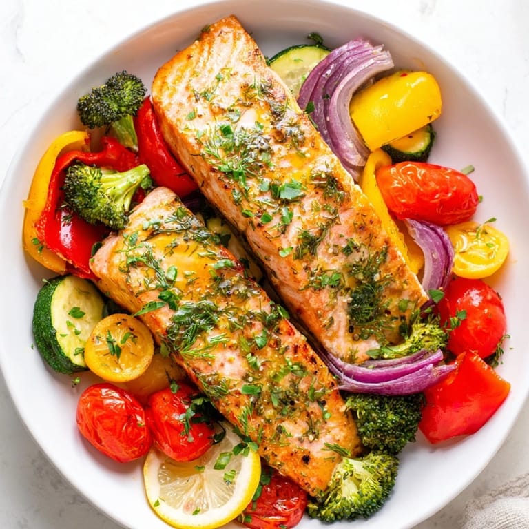A close-up of a perfectly cooked salmon sheet pan bake, featuring flaky salmon and tender veggies.