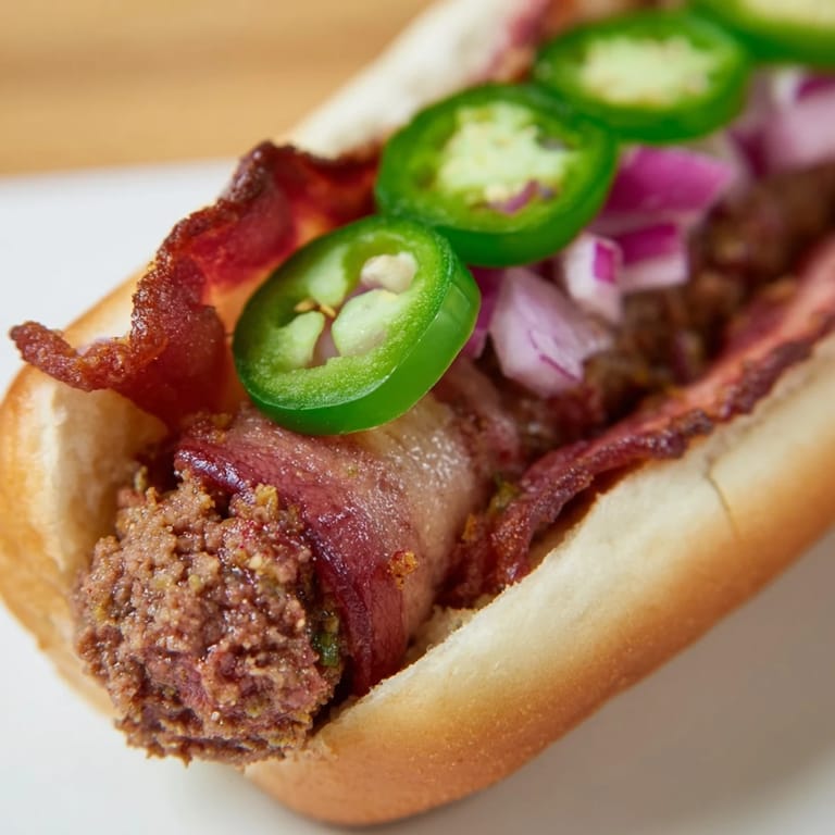 These sizzling Mexican Hot Dogs, wrapped in seasoned beef and bacon, offer a spicy, flavorful bite.