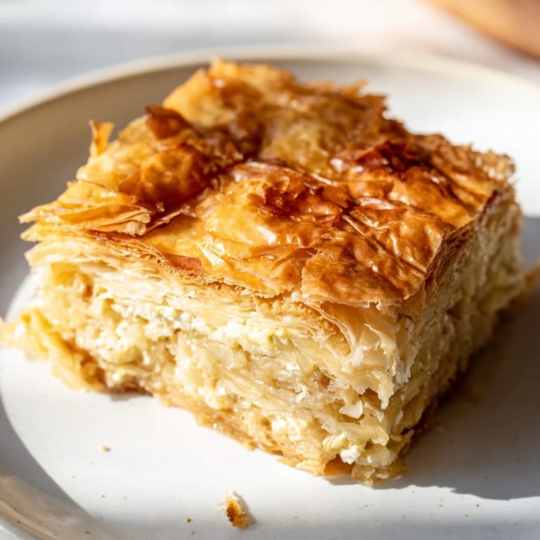Close-up of a warm, savory Serbian Gibanica with crispy phyllo and creamy cheese filling.