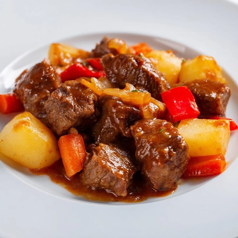 This slow-cooked Hungarian Goulash recipe features tender beef and vegetables, simmering beautifully in a pot.