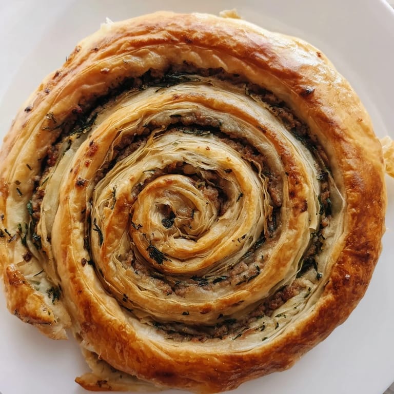 Freshly baked Bosnian Burek, sliced to reveal a flavorful meat and spinach filling, ready to enjoy.