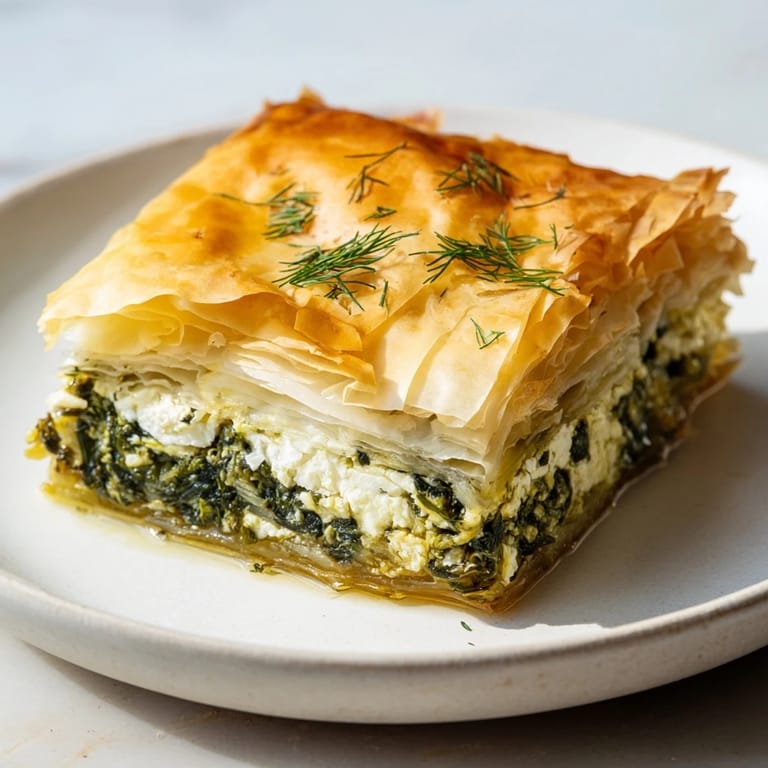 A close-up of a freshly baked Greek spanakopita, showing the golden, bubbly crust and filling.