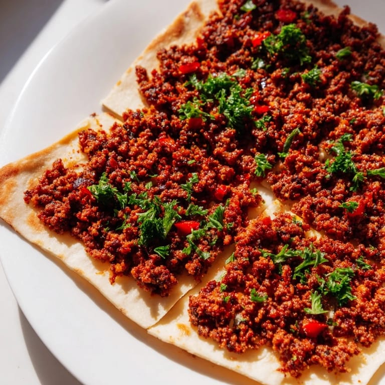 A close-up of a freshly baked Turkish Lahmacun, with vibrant meat and vegetable topping.