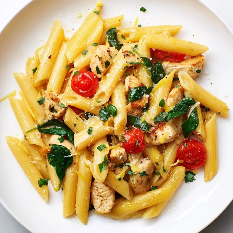 A close-up of a rustic skillet of One-Pan Lemon Herb Pasta Chicken, steam rising from the savory, herb-infused pasta.