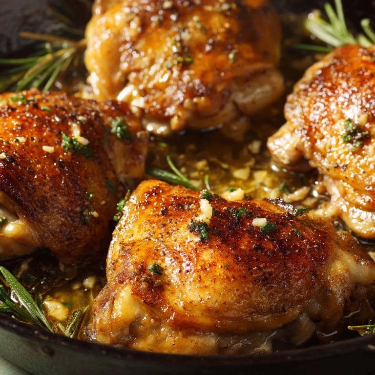 Juicy Garlic Butter Chicken Thighs on a plate with fresh parsley and melted butter sauce.