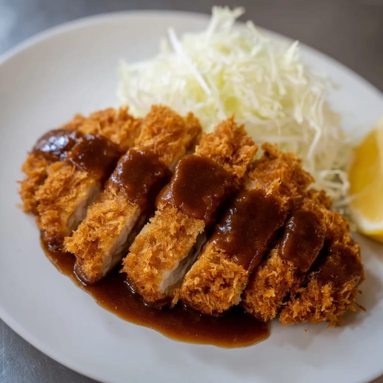 Juicy panko-crusted Chicken Katsu slice topped with tangy sauce, lemon wedges, and fresh cabbage.  