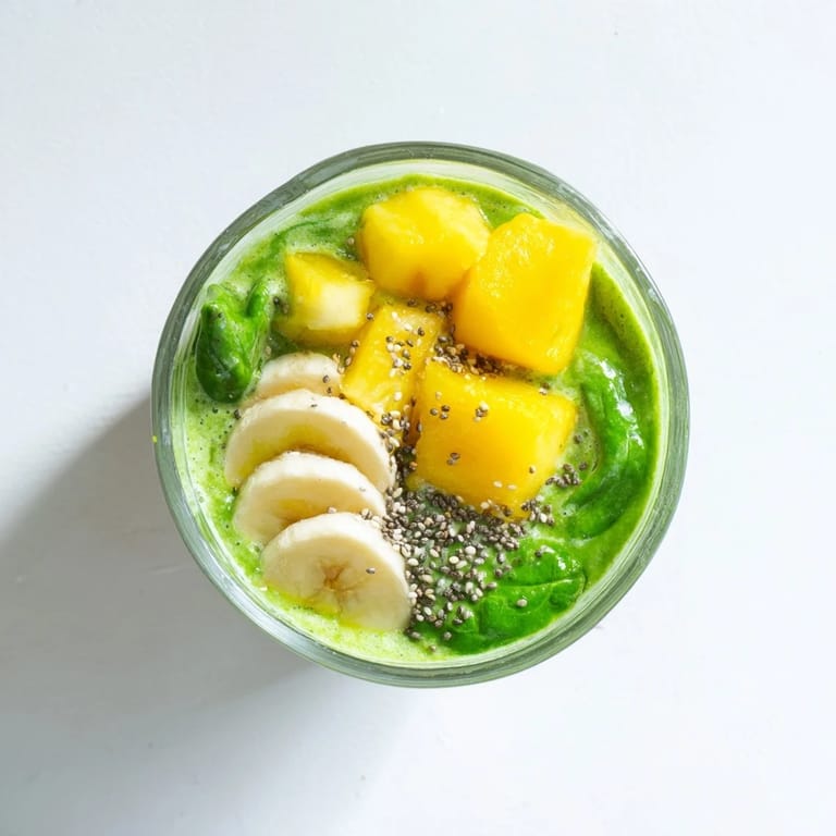 Creamy Spinach-Hidden Smoothie blending frozen mango, pineapple, and spinach, poured into a mason jar and served with a colorful straw for a quick, healthy breakfast.
