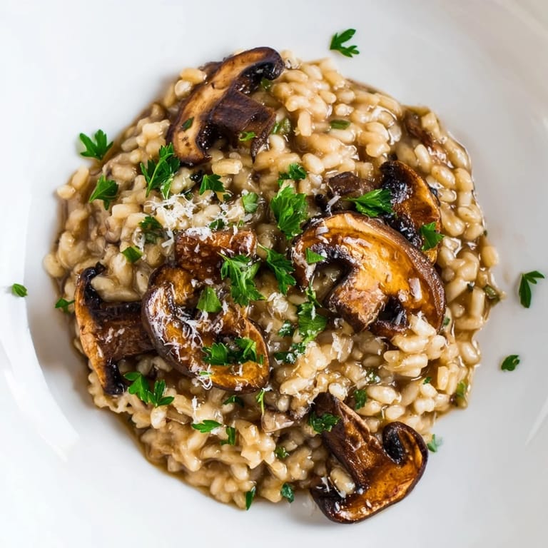 Close-up of savory roasted mushroom risotto with fresh parsley, ready for a comforting vegetarian dinner.