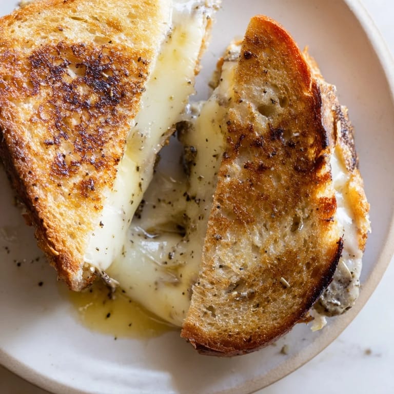 A gourmet Truffle Grilled Cheese sandwich, golden and crisp, with melty cheese and a hint of aromatic truffle.