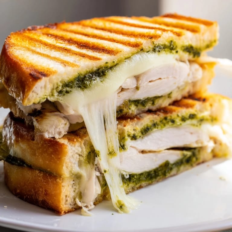 Homemade Chicken Pesto Panini served with a side salad, featuring toasted bread with melted mozzarella and fresh tomato slices.