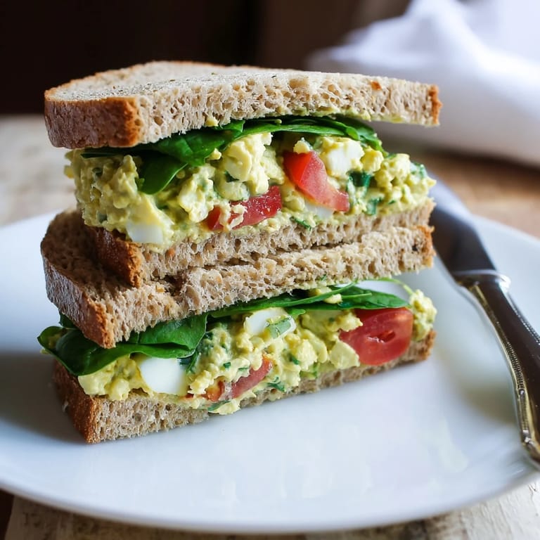 This healthy avocado egg salad sandwich is stacked high on a rustic wooden board, showcasing its vibrant green filling and fresh texture.