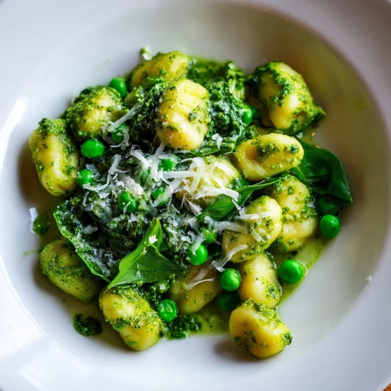 Steaming skillet of tender gnocchi with bright green peas and basil pesto, perfect for a 25-minute Italian-inspired vegetarian meal.