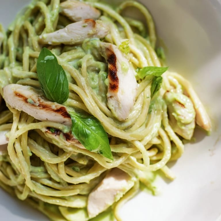 Savory grilled chicken rests atop vibrant avocado chicken pasta, garnished with fresh basil for a nourishing, easy weeknight dinner.