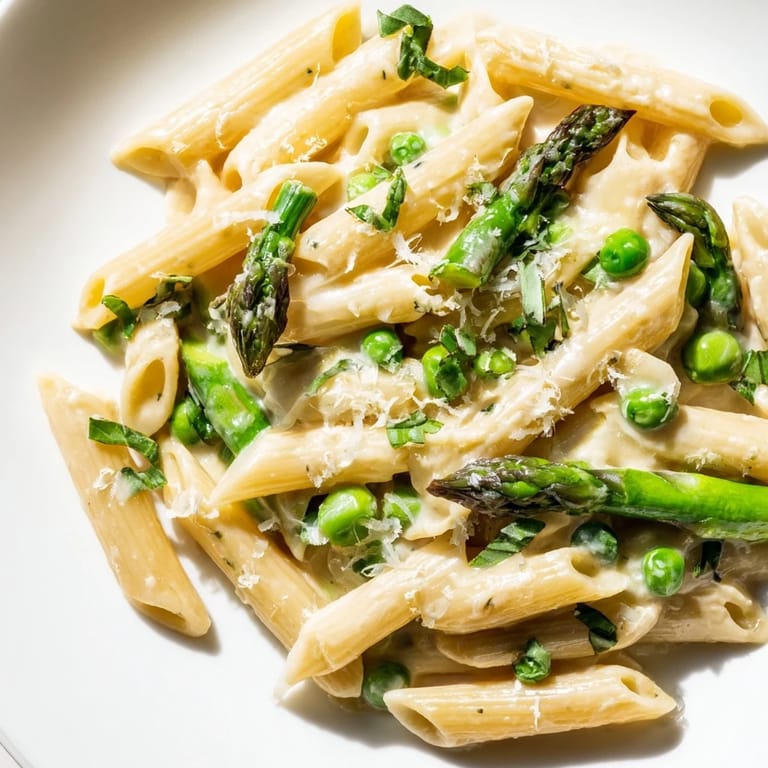 This easy Italian-inspired main dish highlights fresh spring produce with a velvety garlic Parmesan sauce and bright lemon, perfect for a quick vegetarian weeknight dinner.