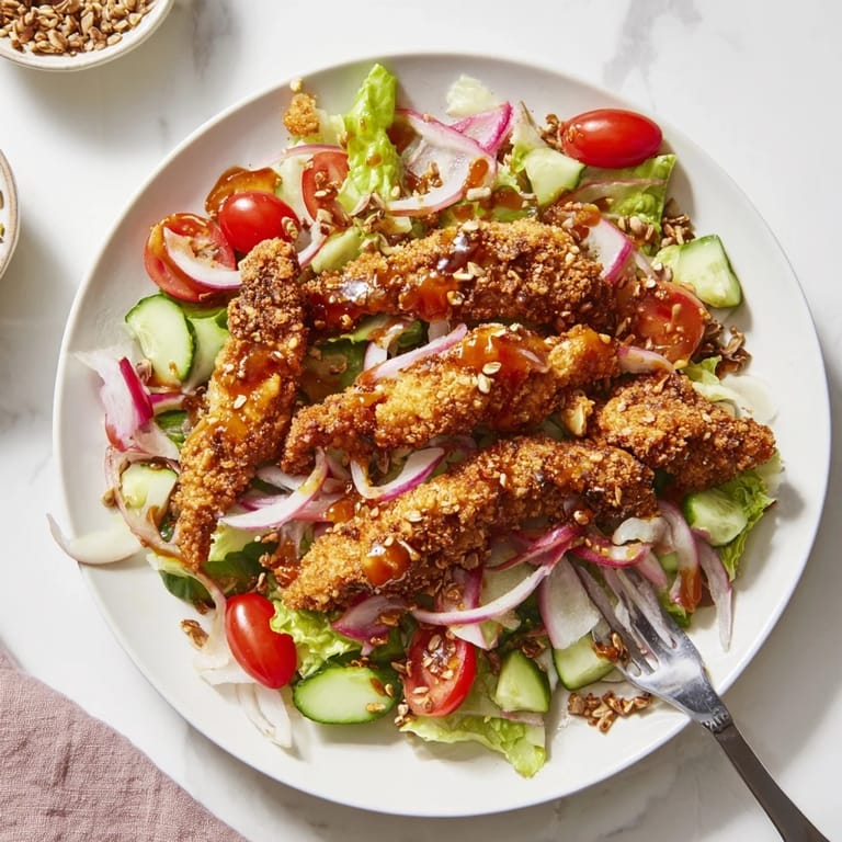 Golden, crispy chicken sits on chopped romaine in this Crispy Hot Honey Chicken Salad, topped with hot honey and seeds.