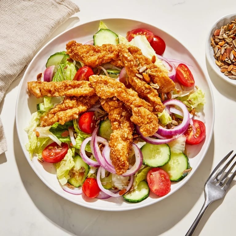 For this vibrant Crispy Hot Honey Chicken Salad, juicy fried chicken meets crisp veggies, finished with a bold hot honey drizzle.
