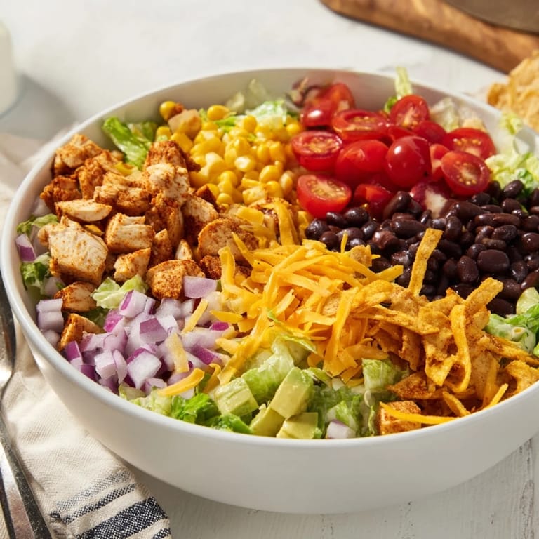Fresh Tex-Mex Chicken Taco Chopped Salad served with lime wedges and a side of salsa ranch dressing for a quick, vibrant meal.  