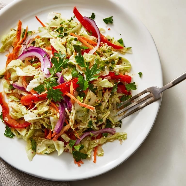 The Cooked and Loved Cabbage Salad is tossed in a tangy Dijon and apple cider vinaigrette, topped with toasted walnuts.  