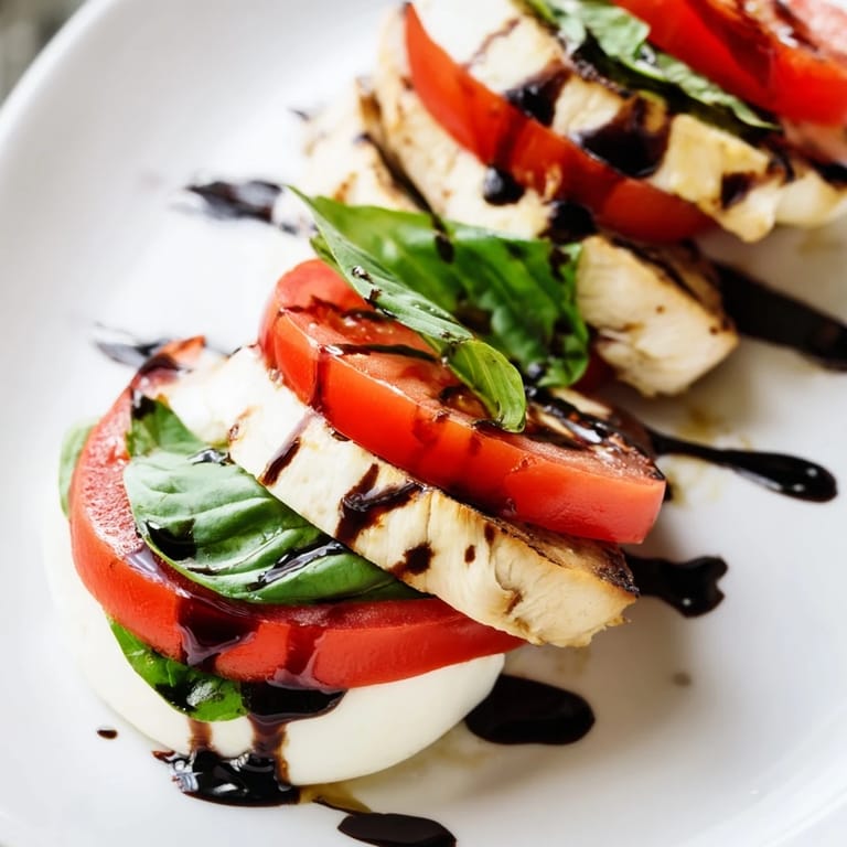 A close-up of Chicken Caprese Salad showing layered tomatoes and mozzarella, topped with tender grilled chicken and drizzled with tangy balsamic glaze.