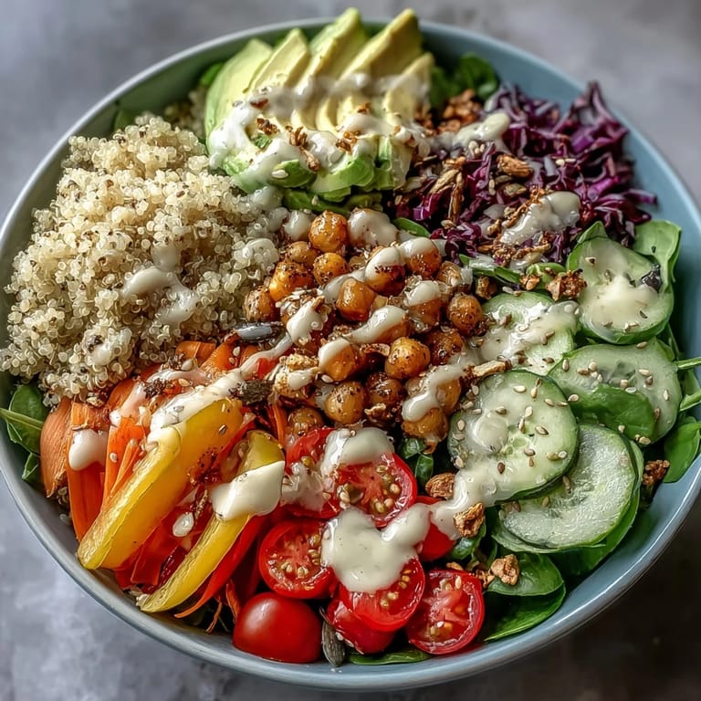 Delectable Rainbow Buddha Bowl loaded with textures, textures, and a zesty tahini drizzle.