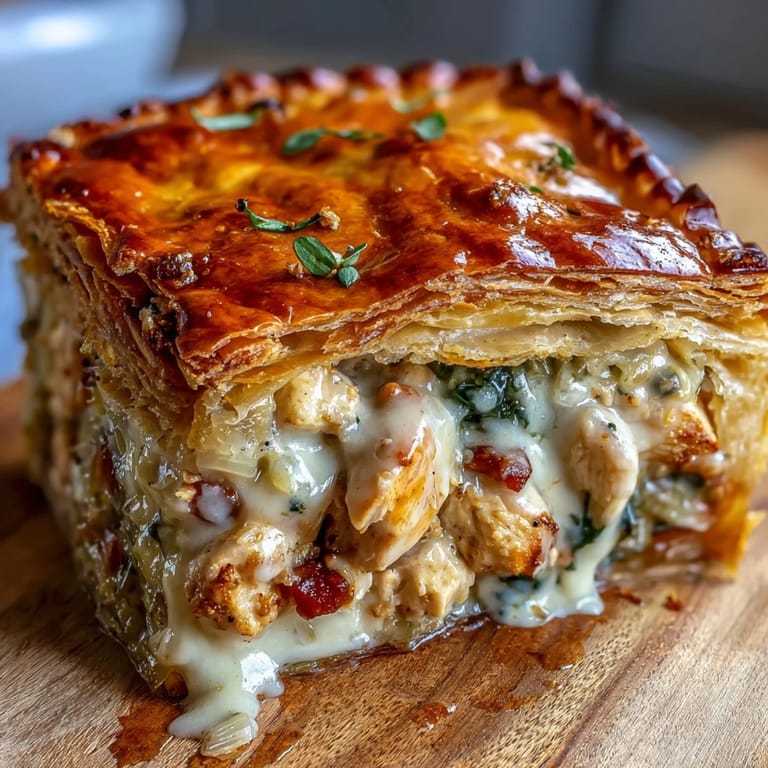 A rustic Chicken and Leek Pie is served hot alongside roasted potatoes and fresh green beans.