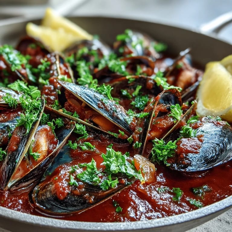 A close-up of tender mussels in a rich, smoky pomodoro sauce, garnished with fresh parsley and lemon wedges for brightness.