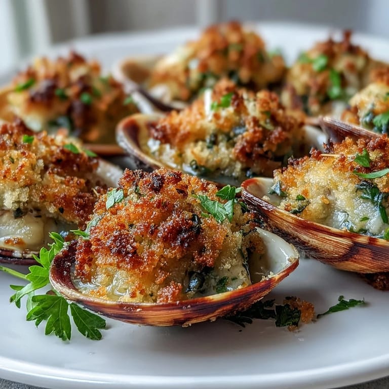 Golden roasted clams with lemony panko topping, served hot with lemon wedges and fresh parsley.