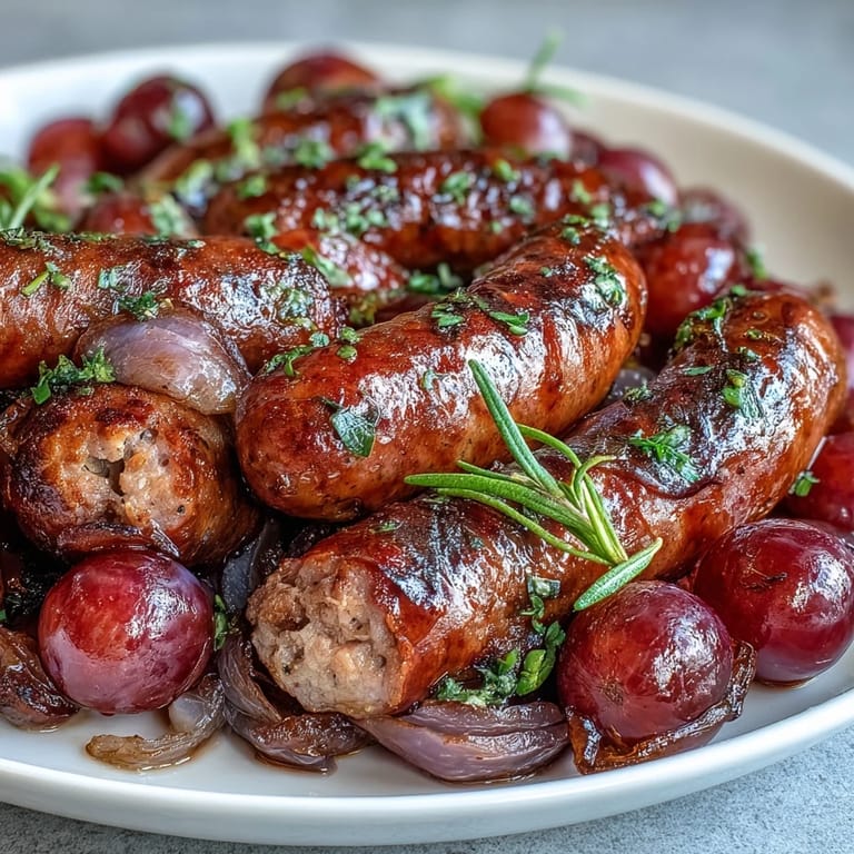 Savory-sweet roasted sausage and grapes dish, paired with crusty bread to soak up the flavorful pan juices.
