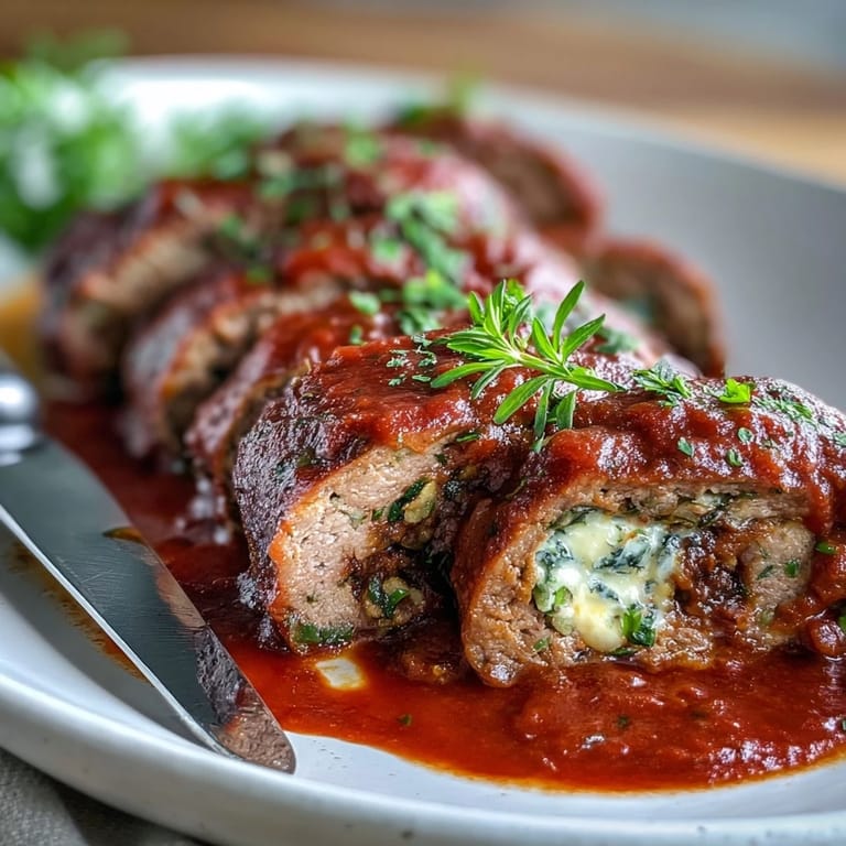 Sliced Sicilian-Style Braciole served on a rustic wooden board with a ladle of homemade tomato sauce.
