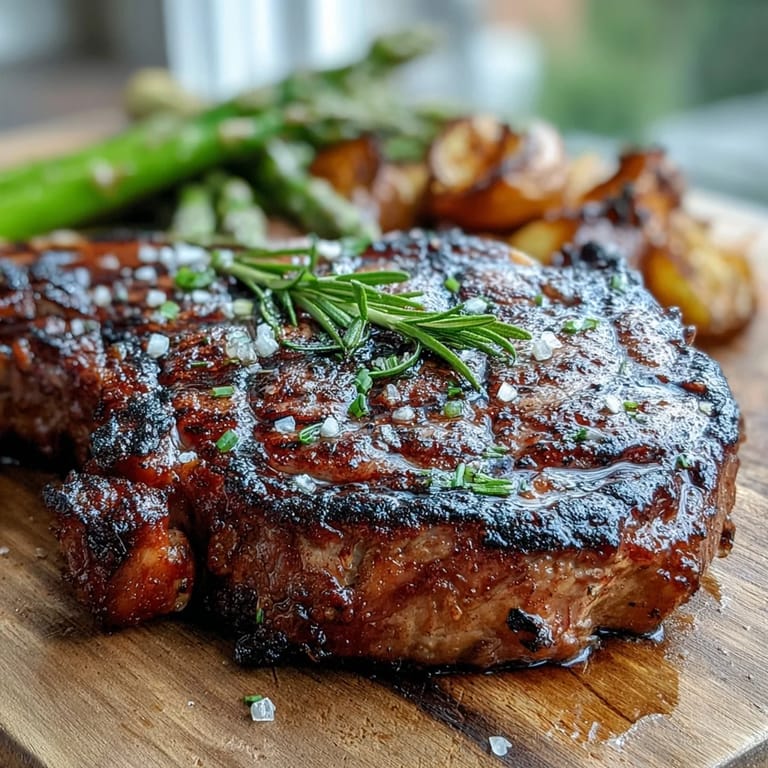 Golden grilled bone-in rib eye steak resting on a platter, next to tender asparagus and lemon wedges for a bright finish.