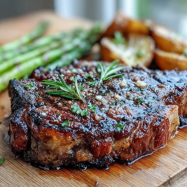 Perfectly grilled bone-in rib eye steak, sliced to reveal juicy pink meat, accompanied by parsley potatoes and grilled vegetables.
