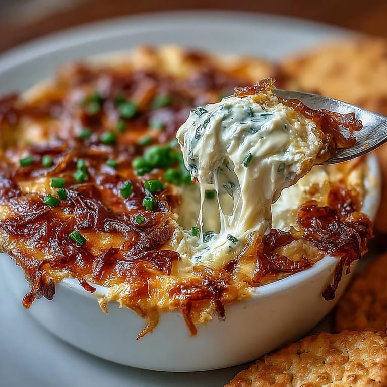 Freshly baked Smoked Gouda & Onion Dip topped with chives, ideal for parties with veggies or chips.
