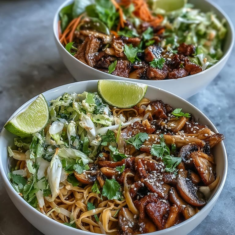 Steaming, savory noodles and crunchy vegetables fill a colorful serving bowl. 