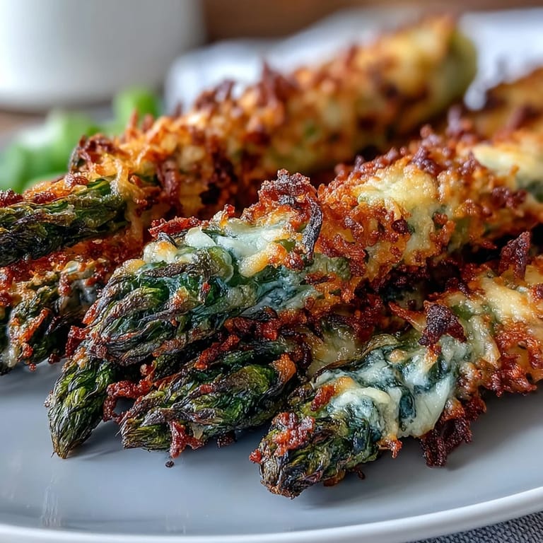 Garlic-scented Crispy Asparagus Asiago Spears served warm with a creamy dip and parsley garnish.