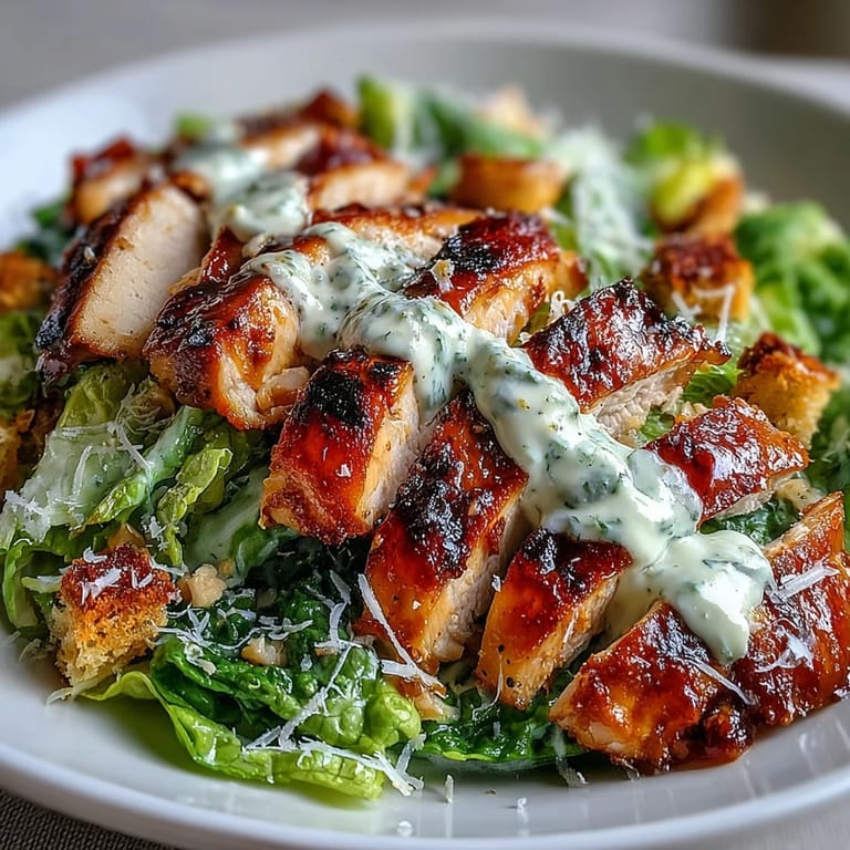 Creamy Caesar Chicken Bowl served on a bright lunch table, drizzled with homemade dressing and extra cheese.