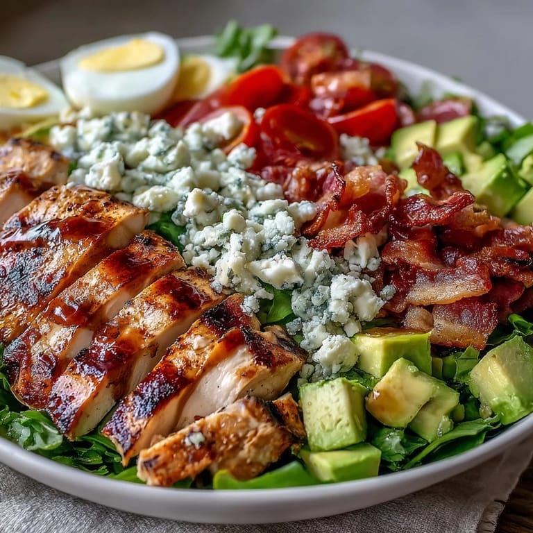 Vibrant Cobb Salad Bowl featuring juicy chicken, crunchy bacon, diced tomatoes, and cheddar, tossed with greens and ranch dressing.