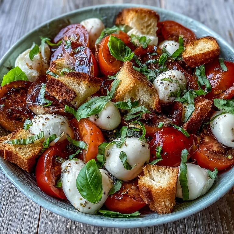 Colorful Caprese Salad Bowl featuring juicy tomatoes, fresh mozzarella, basil, and crunchy bread, ready to serve with olive oil.